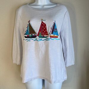 Cabana Cay Sailboat Sweater Sequin Embroidered Cotton Nautical Coastal Medium